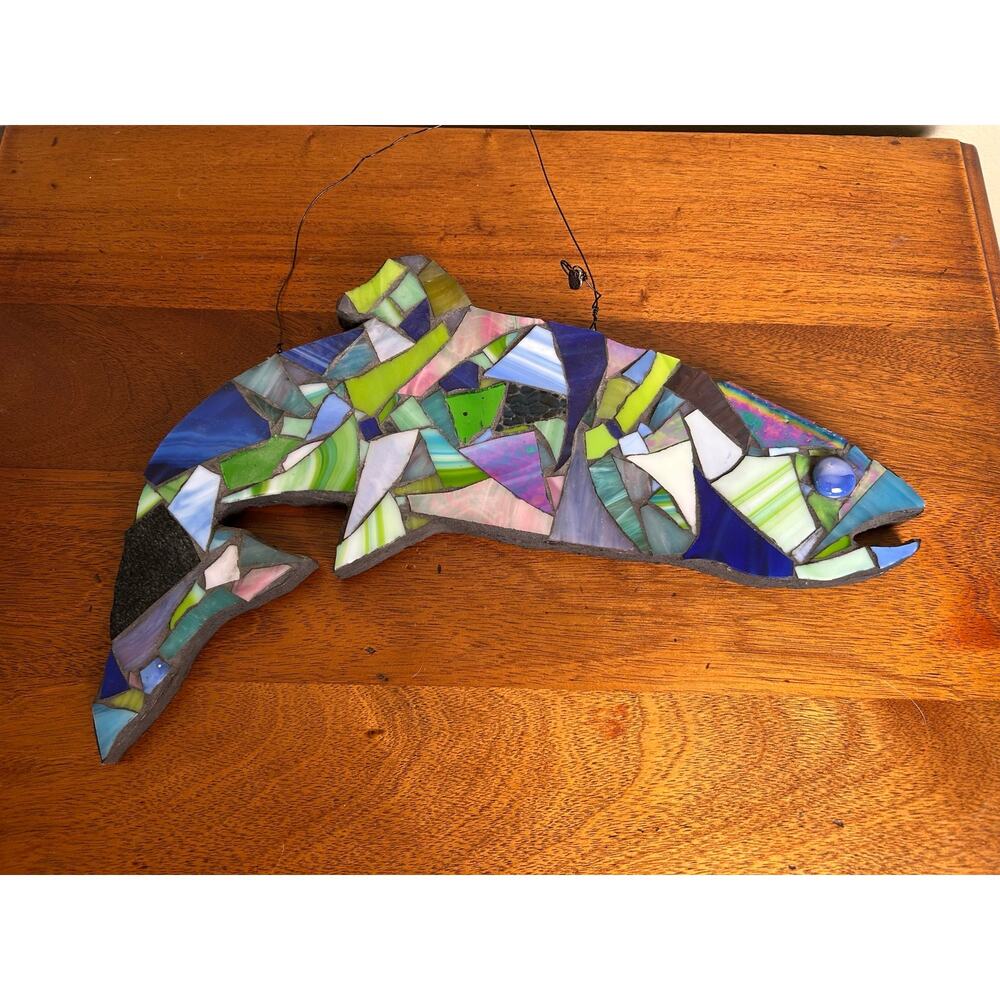 Handmade Stained Glass Fish Mosaic Wall Art on Wood, One of a Kind